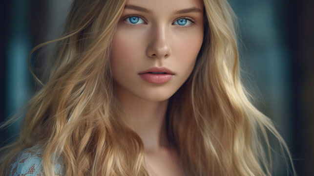 A close up stock photo of a an elegant young woman with long blonde hair.  AI generated.