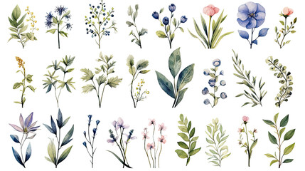 watercolor botanical labels and badges isolated on a transparent background for design layouts