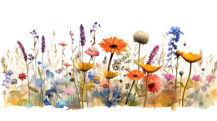 vibrant wildflower field in watercolor style, isolated on a transparent background for design layouts