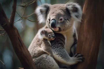a koala holding her cub