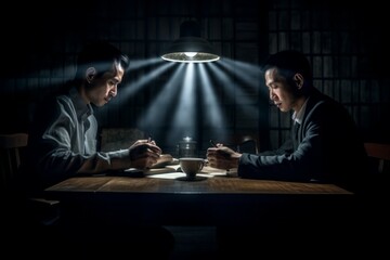 Asian investigators in an interrogation room at work. AI generated, human enhanced - obrazy, fototapety, plakaty