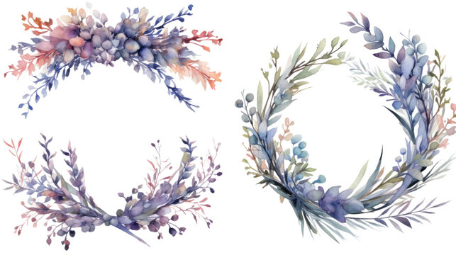 watercolor botanical patterns and wreaths in watercolor style, isolated on a transparent background for design layouts