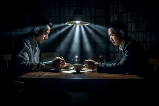 Asian investigators in an interrogation room at work. AI generated, human enhanced