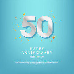 50th anniversary vector template with a golden number and confetti spread on a gradient background