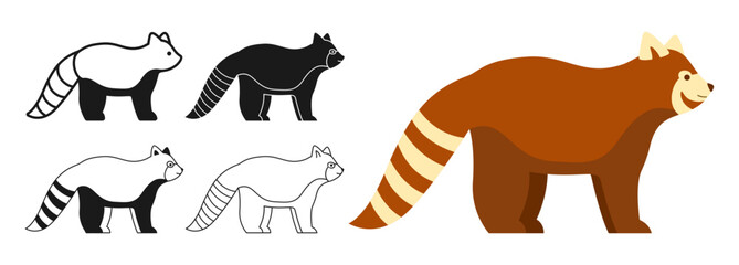 Red panda wild animal cartoon style set. China Asia mammal bear symbol, line doodle or silhouette collection. Flat funny panda character animal icon. Hand drawn simple abstract zoo vector illustration