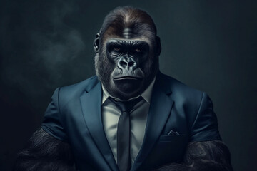 Fototapeta premium Portrait of a Gorilla dressed in a formal business suit, created with generative AI