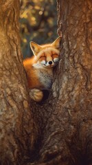 Obraz premium a fox in the forest catching its nap inside of a tree Generative Ai