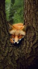 Fototapeta premium a fox in the forest catching its nap inside of a tree Generative Ai