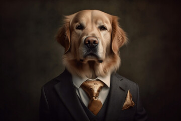 Portrait of a Golden Retriever dressed in a formal business suit, created with generative AI