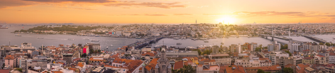 Aerial panorama of Istanbul, Turkey at sunset. Istanbul is the most populous European city and the...