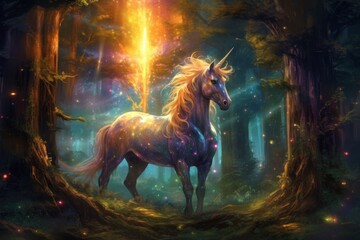 Obraz na płótnie Canvas A majestic unicorn grazing on sparkling moonlit grass amidst towering trees, in a magical forest under the night sky. Generative AI