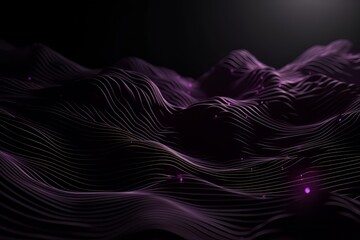 Network technology. Futuristic tech black background and purple waves Low poly wire illustration Generative AI