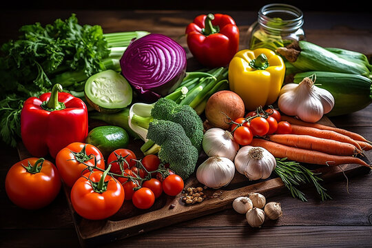 Assorted Raw Food Ingredients Vegetables Tomatoes Peppers Garlic Carrot Broccoli Fresh on a Chopping Board