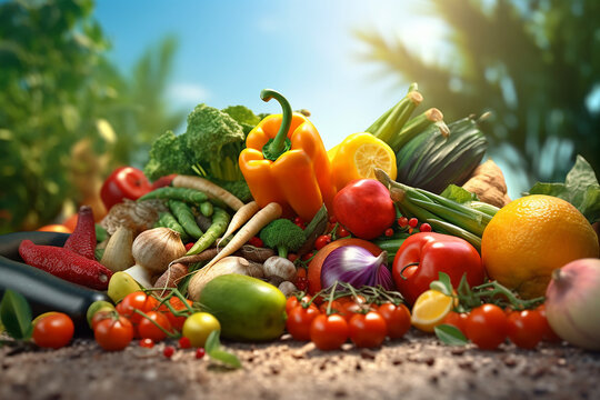 Healthy Food Vegetables and Fruits for a Nutritious Diet on a Sunny Day with Nature Background