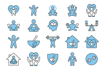 Wellness icon set. Yoga, fitness, spirit meditation, mental relaxation, stress management, self-care. Two tone icon style design. Simple vector design editable