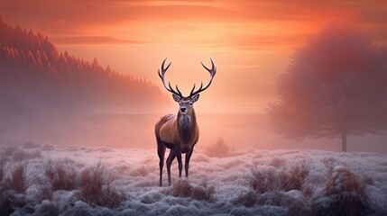 a stag is standing in frost in the field at sunset Generative Ai