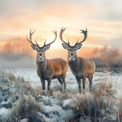 Naklejka na ściany i meble watercolor deer in a field with frost in the morning at sunset Generative Ai