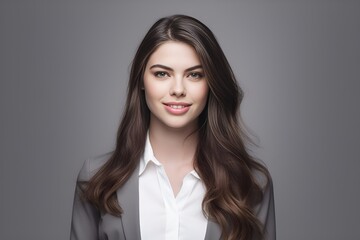 Fototapeta premium Happy young smiling confident professional business woman wearing casual, pretty stylish female executive looking at camera, looking at camera isolated on gray background, Generative AI