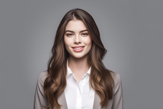 Happy young smiling confident professional business woman wearing casual, pretty stylish female executive looking at camera, looking at camera isolated on gray background, Generative AI