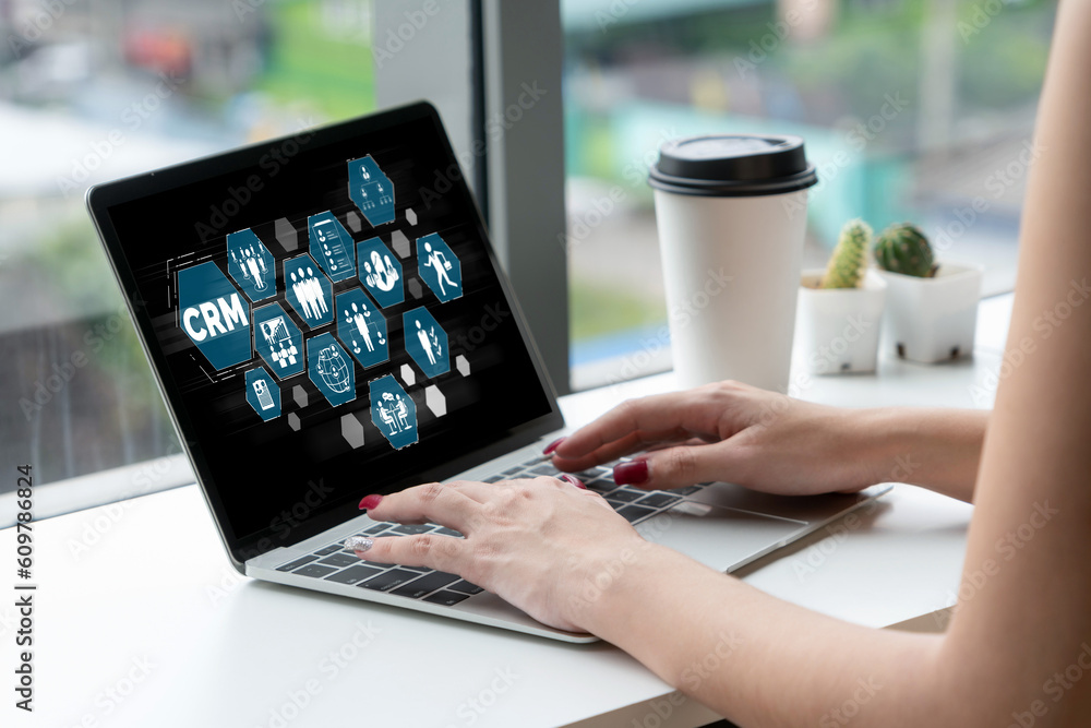 Aufkleber customer relationship management system on modish computer for crm business and enterprise
