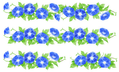 Deep blue morning glory decorative border drawn with digital watercolor