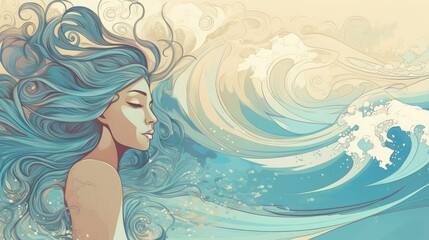 Peaceful woman with third eye employs intuition in decisions. Psychic girl considers mind and heart. Spirituality, esotericism. illustration in cartoon style, Generative AI illustration