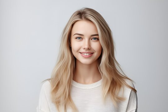 Headshot Of A Beautiful Blond Smiling Young Woman Looking At The Camera On Gray Background. Generative AI