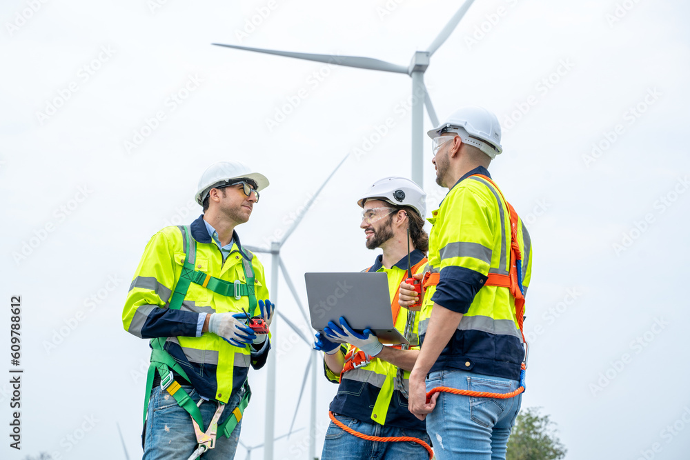 Poster technician engineers inspection work in wind turbine power generator station,wind turbine operations