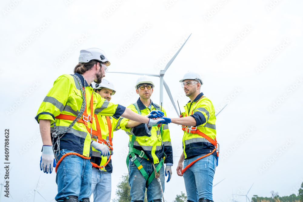 Poster technician engineers inspection work in wind turbine power generator station,wind turbine operations