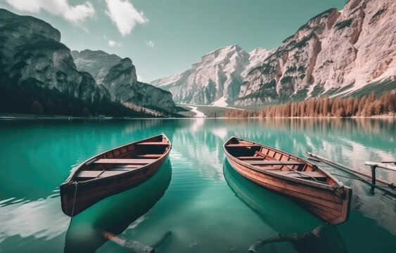 two canoes on a dock in a mountain lake, generative AI