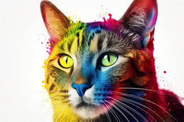 Colorful Watercolor Cat Face, Transparent Background, Generative Ai