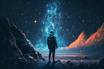 man watching the stars at night, vast sky, generative ai	
