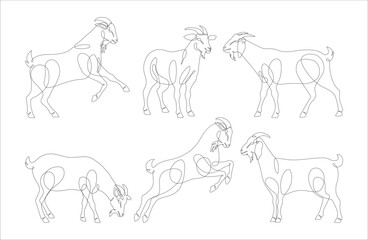 Goat line art vector icon set. Goat in continous line drawing. Farm goat animal line art design pack. Goat symbol. Vector illustration.