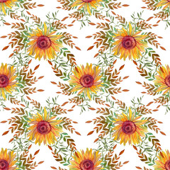 Fototapeta na wymiar Seamless pattern with watercolor autumn bouquet with flowers sunflower and leaves on white background. Creative hand-drawn art for sticker or textile. Wedding celebration or wrapping and wallpaper