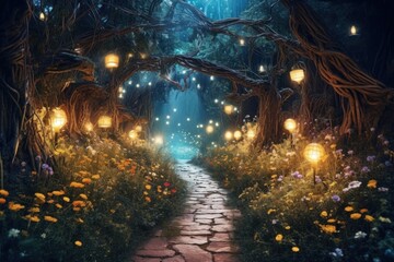 A spellbinding midnight stroll through a secret fairytale garden illuminated by glowing fireflies. Generative AI