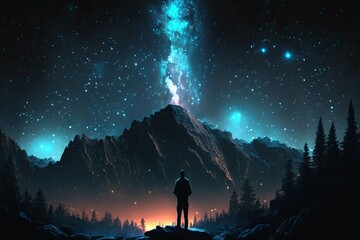 Fototapeta premium man watching the stars at night, vast sky, generative ai