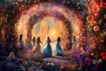 Dreamy fairies dancing amidst a mesmerizing tapestry of flower arches, creating a kaleidoscope of colors in a secret garden. Generative AI