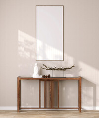 Blank long vertical photo poster frame on beige wall in Japanese living room, wooden chinese...