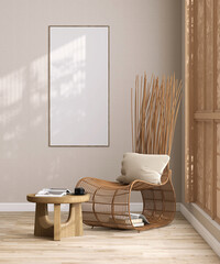 Blank long vertical photo poster frame on beige wall in Japanese living room, wooden yoda rattan chair, coffee table, book on parquet floor in sunlight, shoji window. Asian art template background 3D