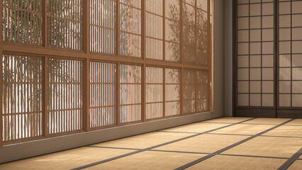 Empty traditional Japanese style room with tatami mat floor in sunlight from wood shoji blind window on tatami mat floor, wall for Asian interior design decoration, architecture, product background 3D