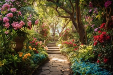 Fototapeta na wymiar Magical pathway leading to a secret fairytale garden, lined with blooming flowers and vibrant, multi-colored green trees. Fairytale style. Generative AI