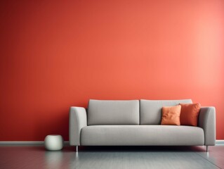 Light Gray Sofa Against Blank Orange Wall in Empty Minimalist Living Room for Product Mockup, Photorealistic Illustration [Generative AI]
