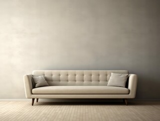 Beige Couch Against Blank Greige Wall in Empty Minimalist Living Room for Product Mockup, Photorealistic Illustration [Generative AI]