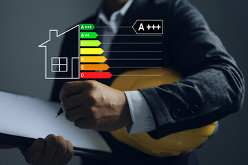 Engineers build houses to the highest energy efficiency standards. House energy label rating concept. - Powered by Adobe