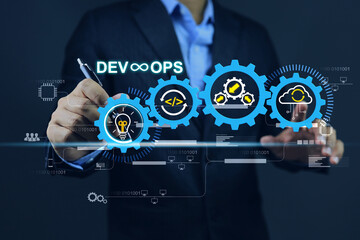 DevOps software development and IT operations, software engineer, project manager working on agile methodology, dev ops icon and javascript. Development Operations programming technology concept.