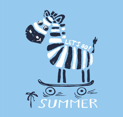 Zebra on skateboard funny cool summer t-shirt print design. Skater in skatepark. Slogan - 609793884