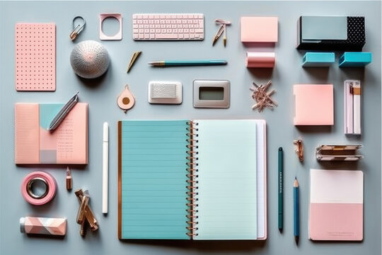 stock photo of stationery tools on the chic desk flat Generative AI