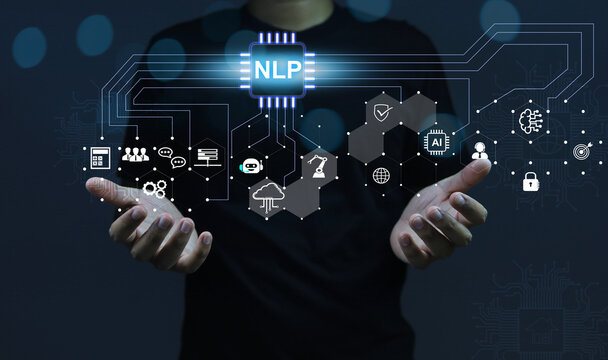Men in black using NLP to start deveping technology such as AI, Chat bot, software and data analysis tools. Natural Language processing technology concept.