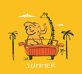 Elephant and giraffe on car funny cool summer t-shirt print design. Road trip