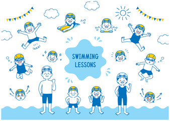 水泳　スイミングスクール　子ども　コーチ　イラスト　シンプル　セット
